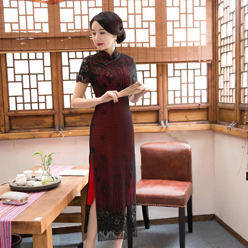 Fengmeisi китайский Cheongsam долго Qipao кружева красный черный тонкий пикантные винтажные