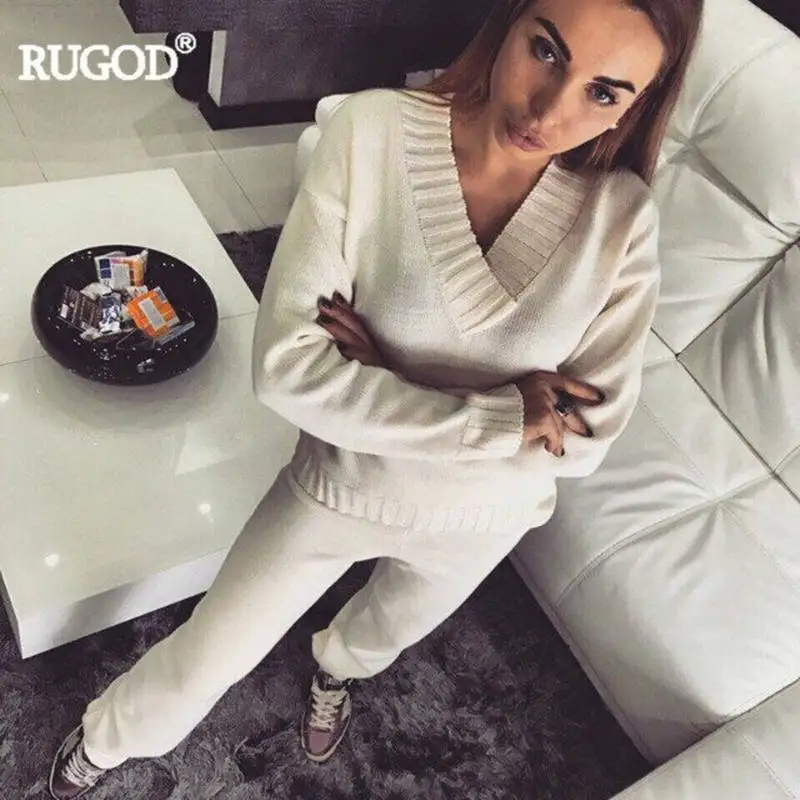 Rugod, женский костюм, сексуальный, v-образный вырез, длинный рукав, пуловер+ штаны, спортивный костюм, 2 предмета, набор, женский, однотонный, вязаный Топ и штаны, костюмы - Цвет: Белый