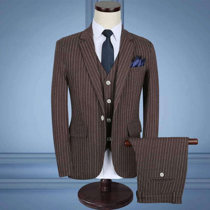 3 предмета Классическая Бизнес полосатый Костюмы для Для мужчин Slim Fit Свадебный