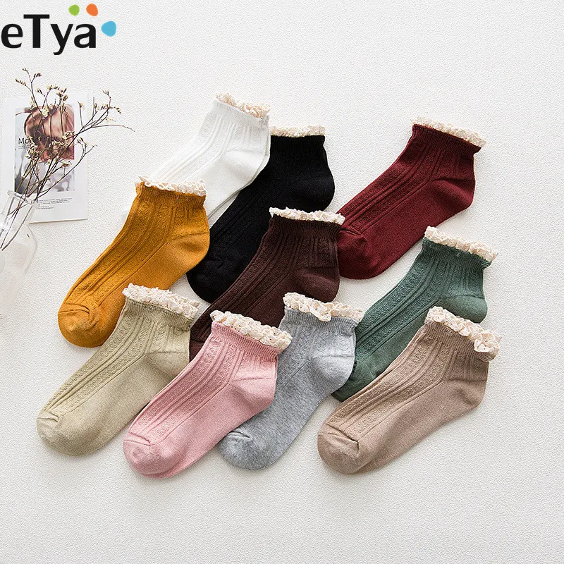 Женские кружевные хлопковые носки eTya короткие до щиколотки с оборками для весны