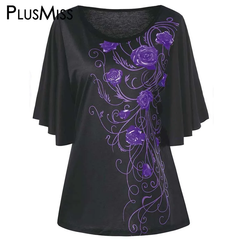 PlusMiss размера плюс 5XL Цветочный принт рукав летучая мышь футболка женская одежда