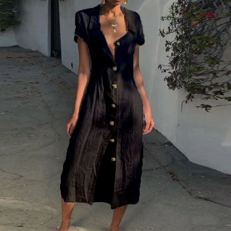ELSVIOS Vestido Women's Solid Short Sleeve Casual Loose V-Neck Button Split Hem Long Dress Spring Summer Women Shirt Dresses 3XL | Женская