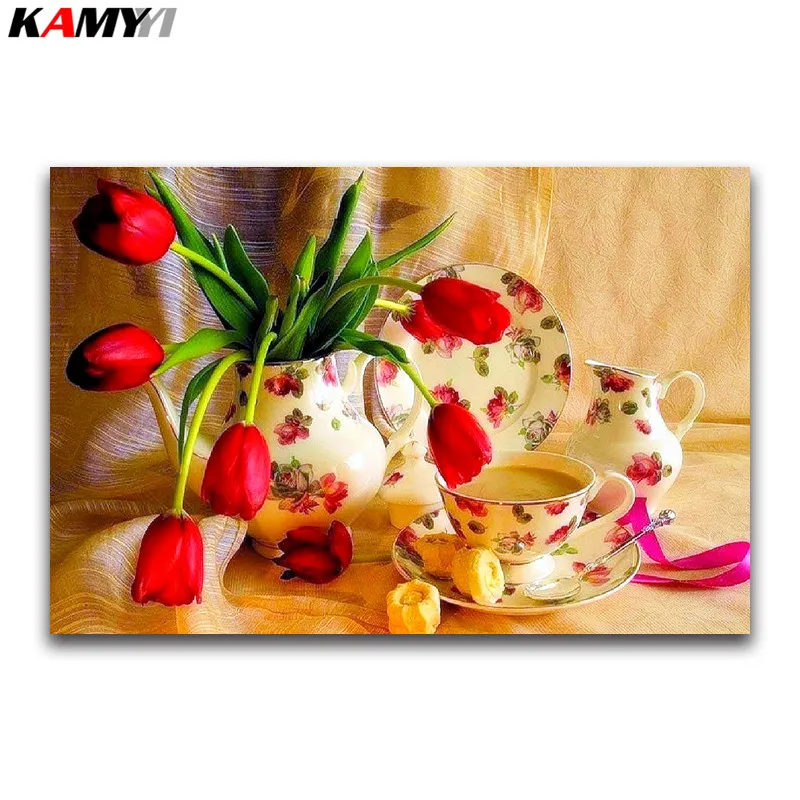 Full square Diamond painting Cross stitch tulip flowers vase full mosaic coffee cup 5D DIY embroidery store sign | Дом и сад