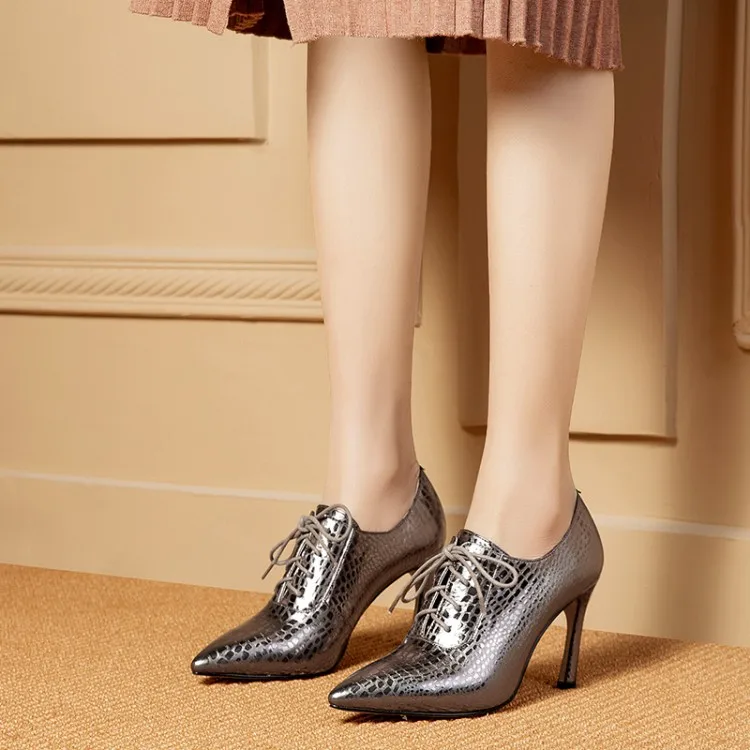 

MLJUESE 2019 women pumps autumn spring Cow leather pointed toe spike heel black color lace up high heels lady shoes party