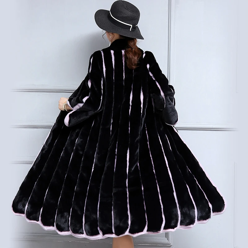 2019 New Women Faux Fur Coat Long Black and Purple Contrast Color Striped Patchwork Loose Overcoat Plus Size 5XL 6XL | Женская одежда
