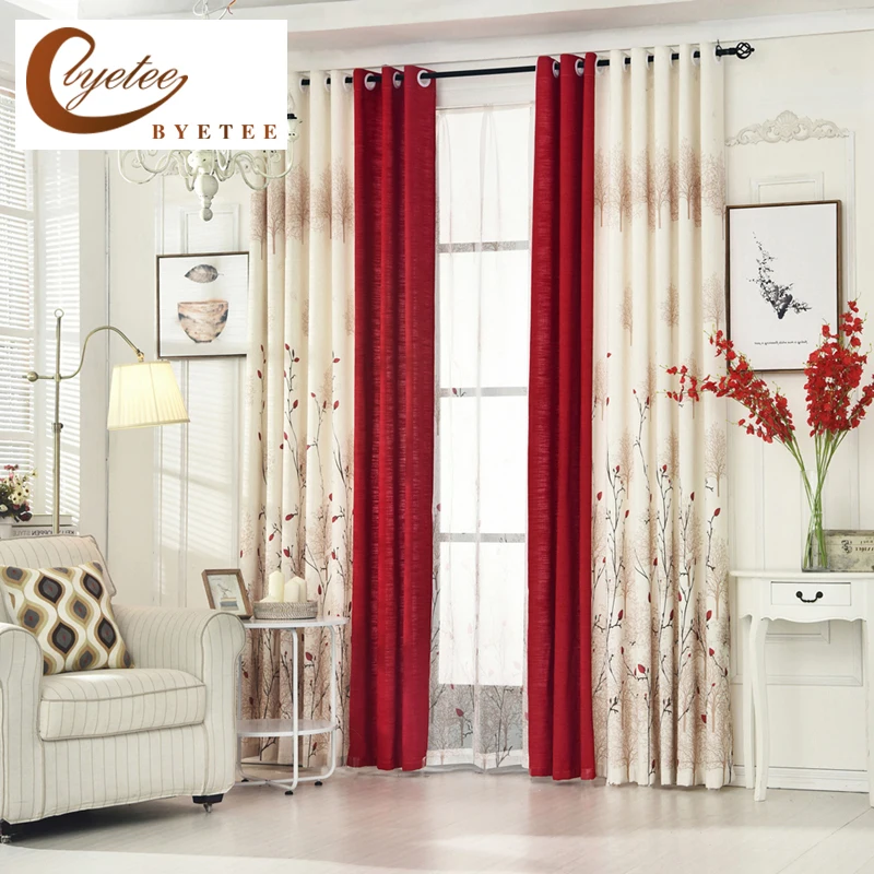 

[byetee] Cotton Linen Livingroom Window Curtain Bedroom Finished Fabrics Kitchen Blackout Curtains For Living Room Red Drapes