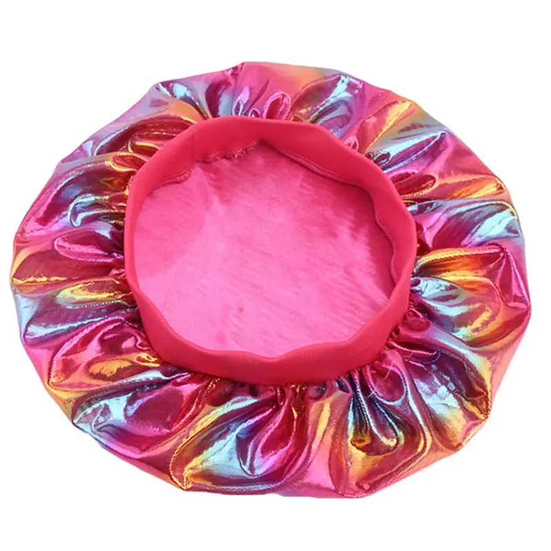 

Womens Faux Silk Bonnet Wide Band Soft Sleep Cap Glitter Reflective Rainbow Colorful Head Covering Ruched Hair Loss Chemo Cap 6