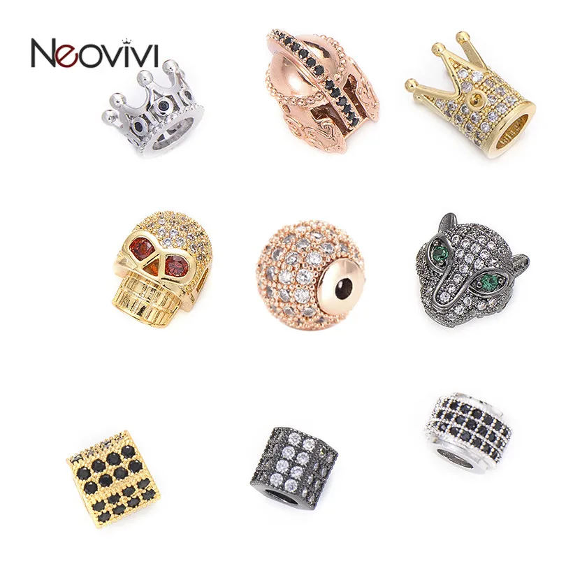 Neovivi, 5 шт./партия, медная Корона, бусины, Череп, леопард, распорка для шлема, CZ, микро проложенный кубический цирконий, разъем для изготовления ювелирных изделий