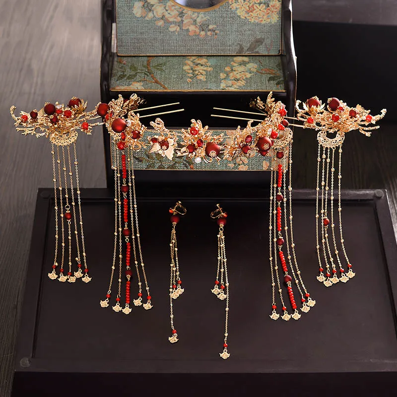 Китайские наборы аксессуаров для волос шпилька заколка красная Свадебная