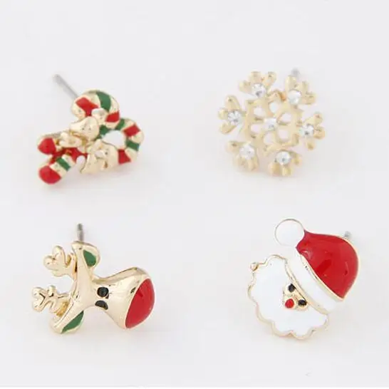 Милые серьги золотого цвета с эмалью елкой оленем бантом гвоздики для девочек на