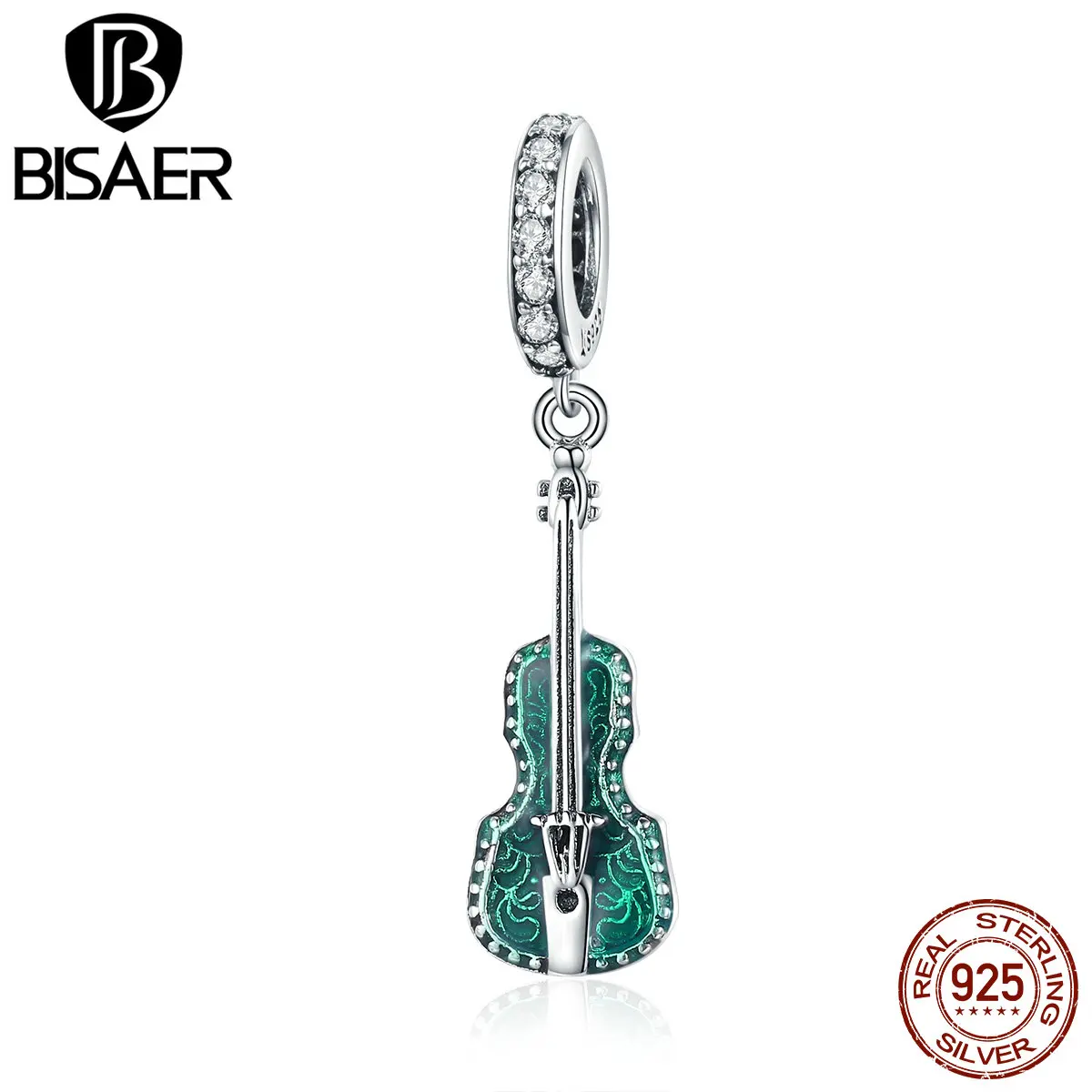 BISAER 925 пробы серебро Музыка Скрипка талисманы зеленый кубический циркон кулон в виде скрипки подходят для женщин Браслеты и ожерелья ювелирные изделия ECC1097