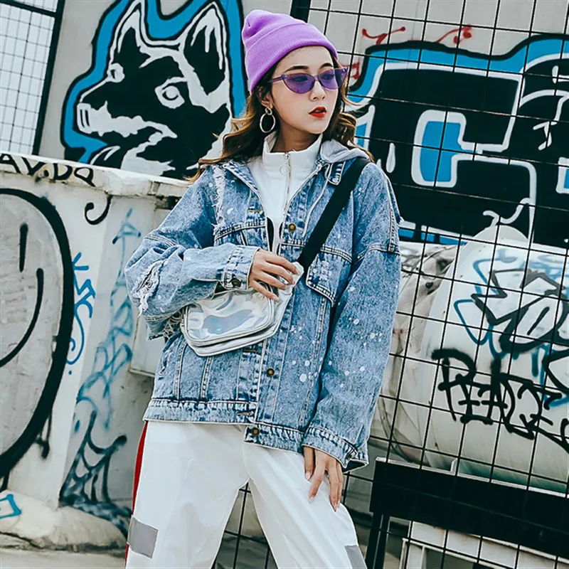 2019 Весенняя хлопковая джинсовая куртка с капюшоном женская аппликацией и