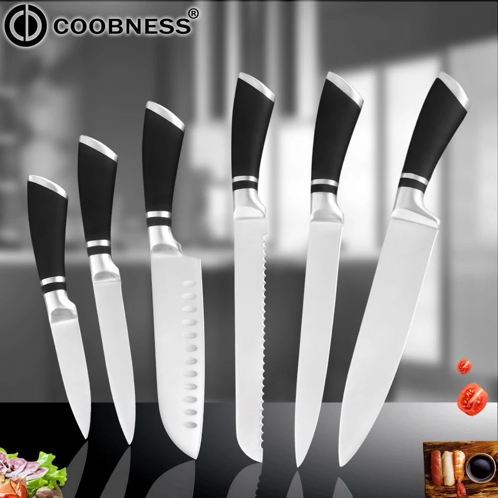 COOBNESS кухонный нож для приготовления пищи с черным лезвием из нержавеющей стали, ножи Santoku, японский нож шеф-повара, нож для мяса, овощные ножи, инструмент