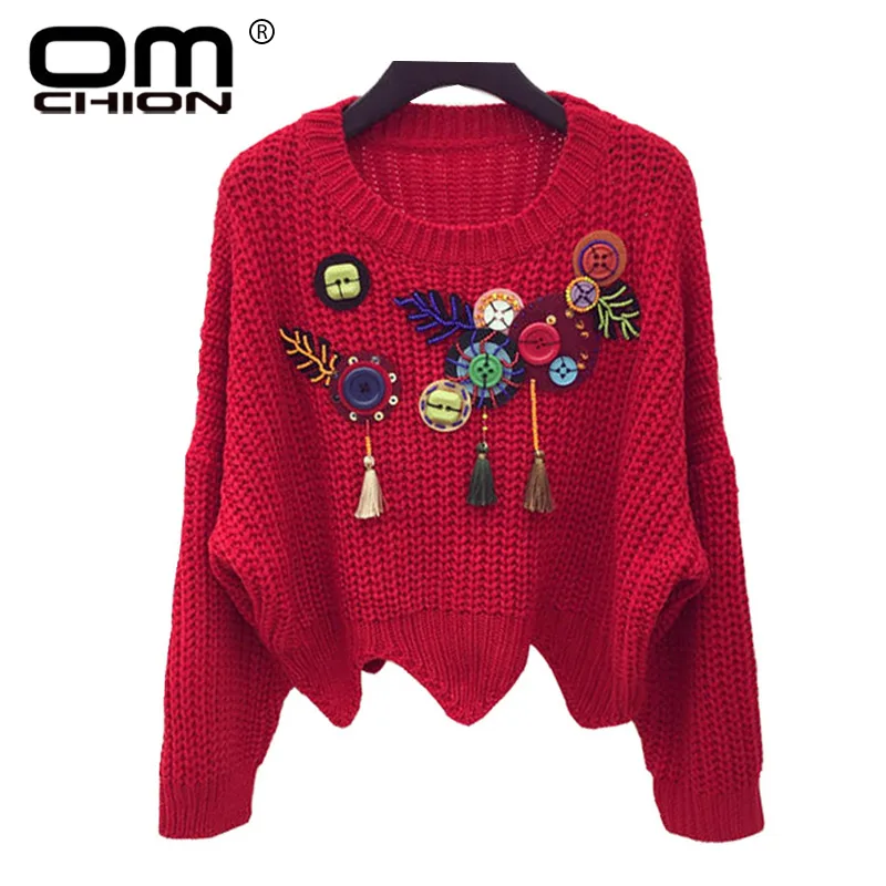 OMCHION Autumn 2017 Batwing Sleeve Sweater Women Tassel Button Beading Sequins Pullover Christmas Wave Knitwear JMY60 | Женская одежда