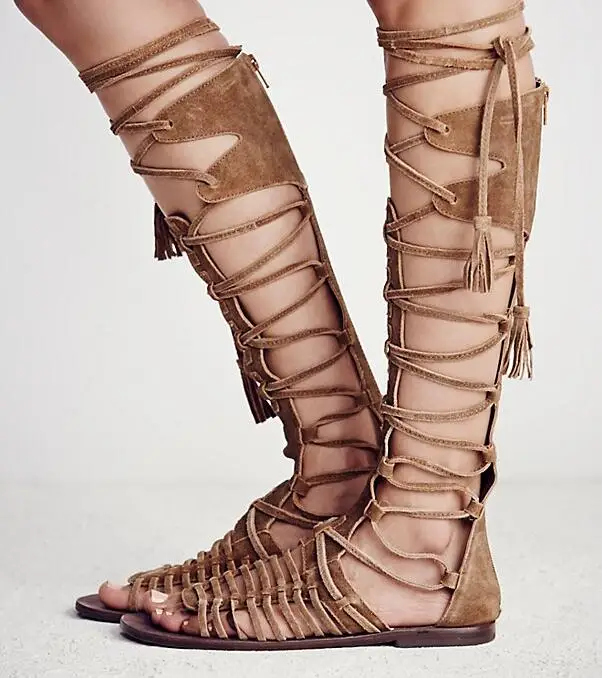 Hot Selling Brown Suede Lace-up Flat Sandals Boots Cut-out Tie Cross Strappy For Women Back Zipper Summer Beach Shoes | Обувь
