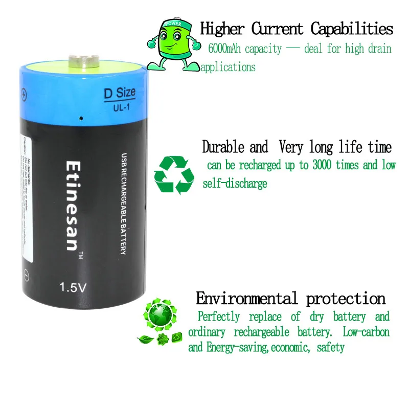 

Brand New ! 4pcs/lot Etinesan 1.5v li-polymer 9000mWh D size rechargeable D battery D type USB lithium ion USB battery