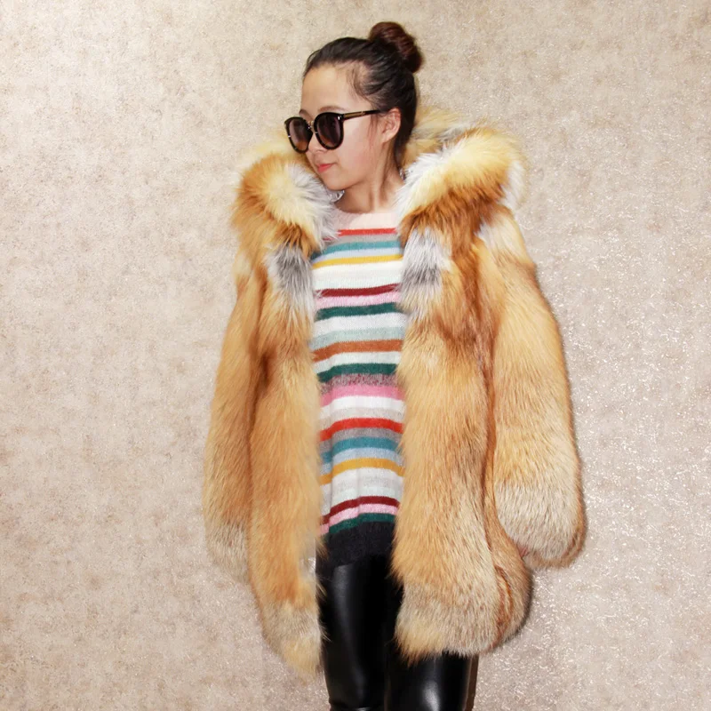 FURSARCAR Silver Fox Fur Coat Top Quality Luxury Real With Hood Thick Warm Winter Jacket Full Pelt Natural Fur Outwear 2021 New