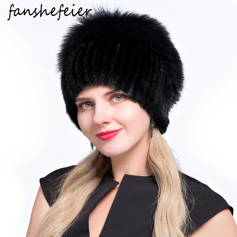 Fanshe новые женские Лоскутные лисий мех смешанные цвета внутренняя вязка шапочки теплые модные зимние шляпы для женщин меховая шапка из натуральной норки