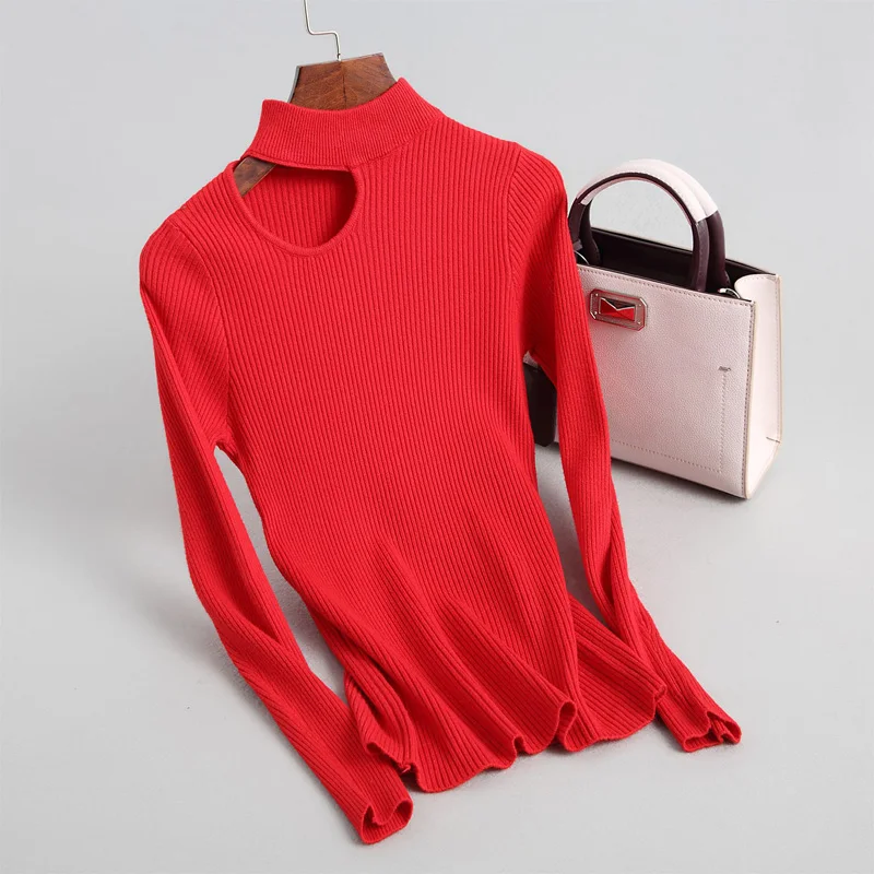 2019 spring casual solid color sweater female high collar Slim long-sleeved exposed collarbone | Женская одежда