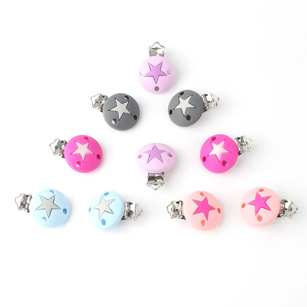 

15pcs 45mm colourful star Silicone Teether metal clip Pacifier silicone rodent DIY Baby Teether Necklace Pendant Clamp