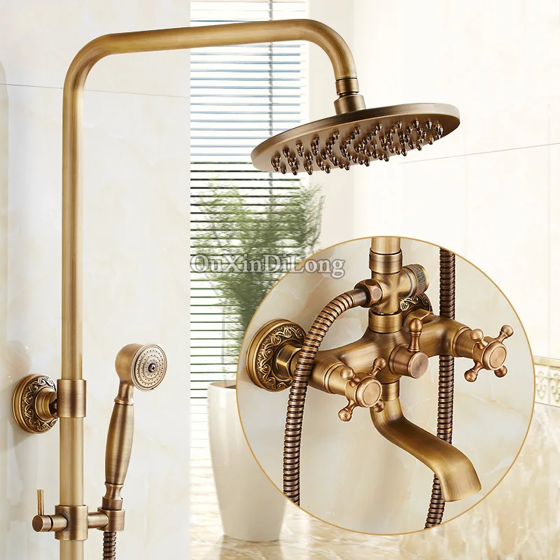 

Antique Brass Shower Faucets Bathroom Shower Faucet Set Mixer Tap With Hand Sprayer Wall Mounted Bath shower sets 8" Rainfall