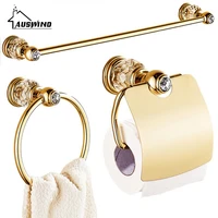 luxury zirconium gold solid brass toilet paper holder polished towel bar crystal round base towel ring bathroom accessories