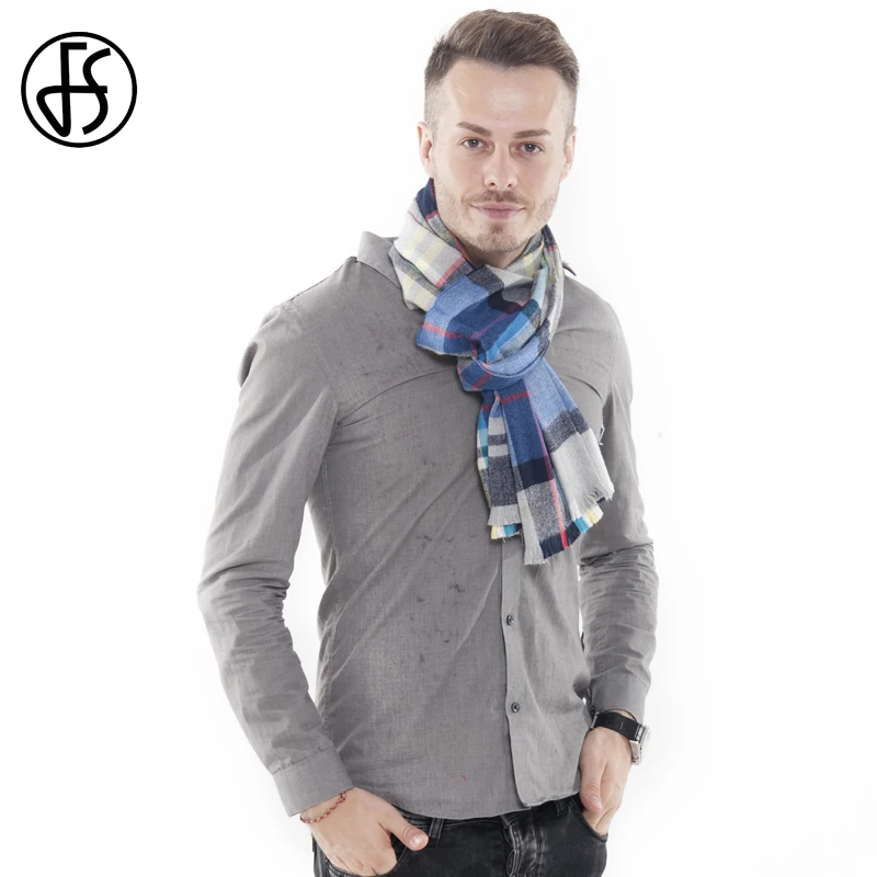 Мужской шерстяной шарф FS темно-синий теплый кашемировый в шотландскую клетку