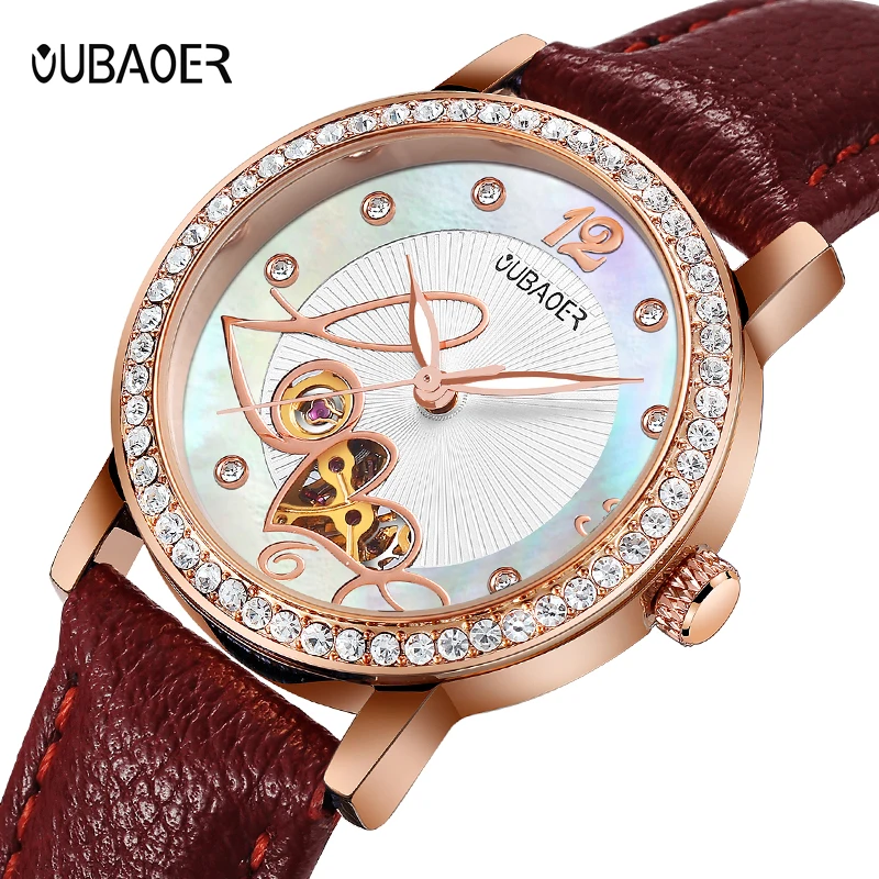 OUBAOER Original Brand Women Mechanical watch Automatic Self-Winding Ladies watches Genuine Leather Fashion Clock Women Watches