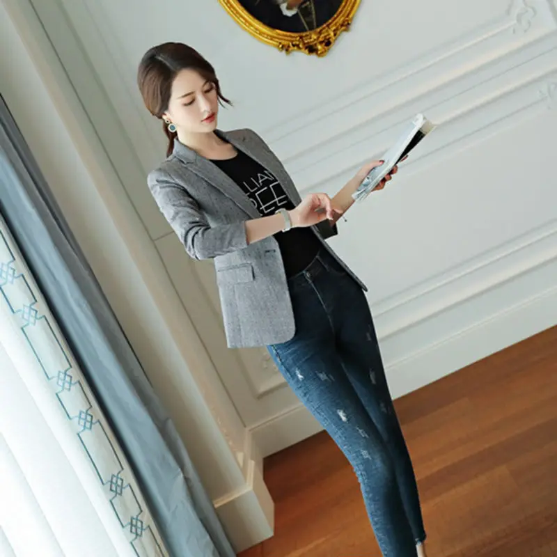 Suit Jacket Female 2019 Spring Autumn New Korean Fashion Short Thousand Bird Casual Small Women OL Blazer Plus Size LQ649 | Женская