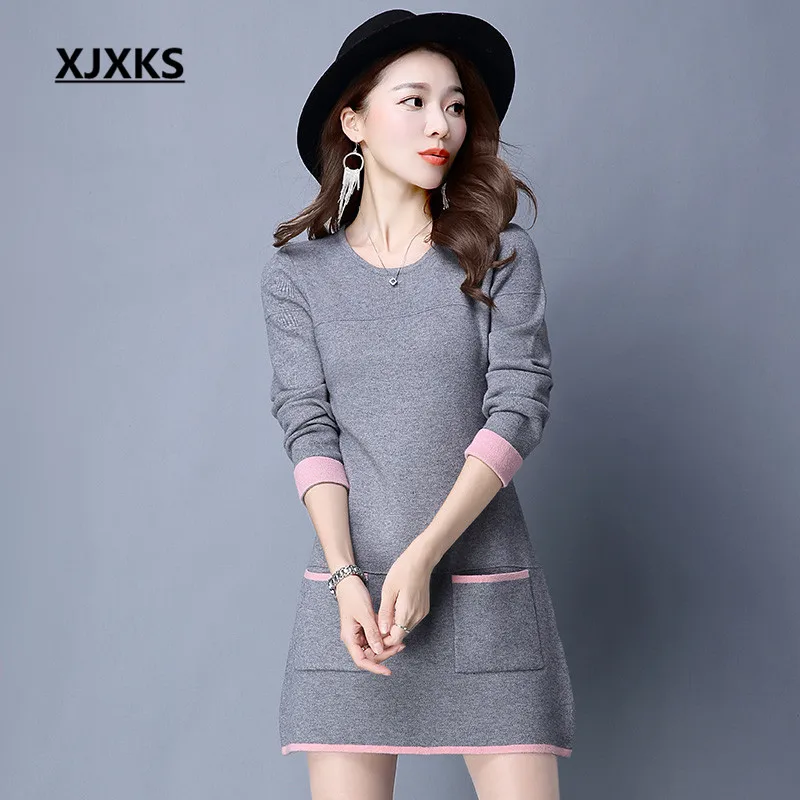 XJXKS осень и зима 2021 Новая мода женские длинные свитера пуловеры M-XXL карманы свитер