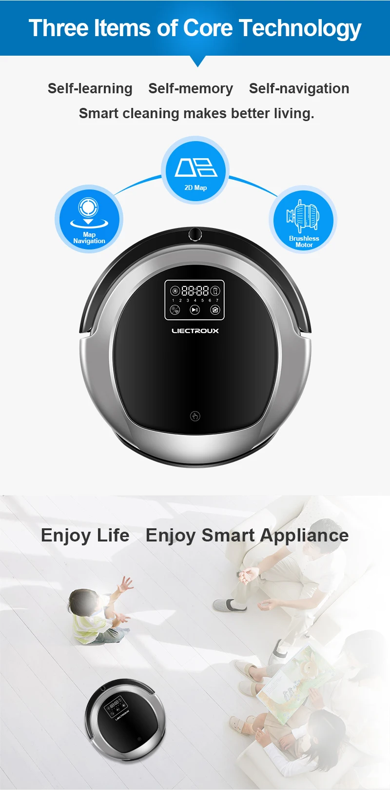 LIECTROUX B6009 робот пылесос Чистящая карта дисплей, карта навигации, Wi-Fi приложение, смарт-память, 3D фильтр, виртуальный blocker