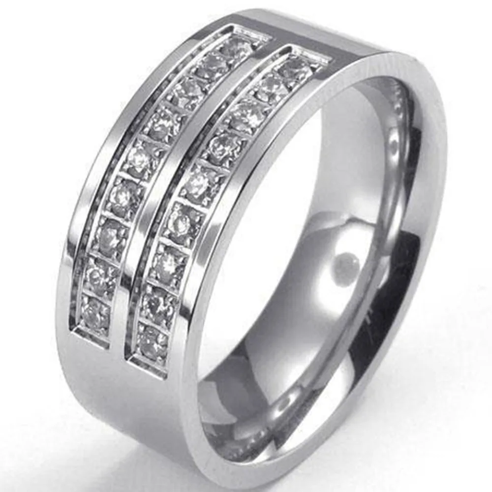 Мужское кольцо для помолвки 10 мм из нержавеющей стали с инкрустацией стразами и