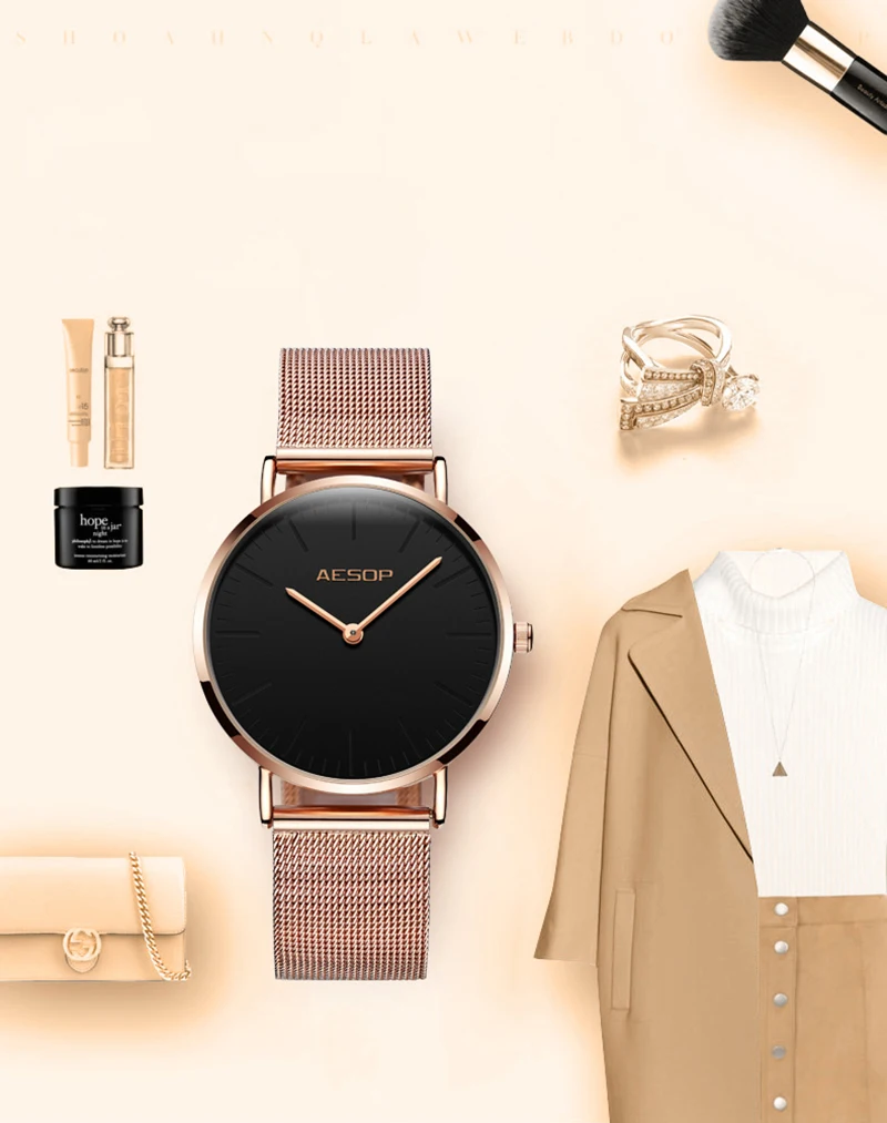 AESOP розовые Золотые женские часы для женщин короткие элегантные кварцевые