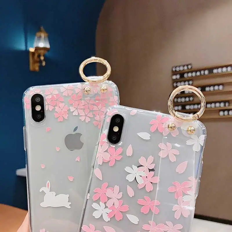 Boucho Transparent Wrist Strap Phone Case For iphone XR X Xs max 6 6s 7 8 plus Fashion Flower Pattern Cover |