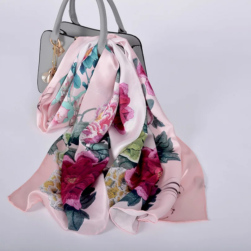 pink peony CZP1815 BYSIFA роскошный шарф из чистого шелка, шаль для женщин, темно-зеленый цветочный длинный шарф, модный бренд, шелк, шейный шарф, 175*52 см - Цвет: pink peony CZP1815