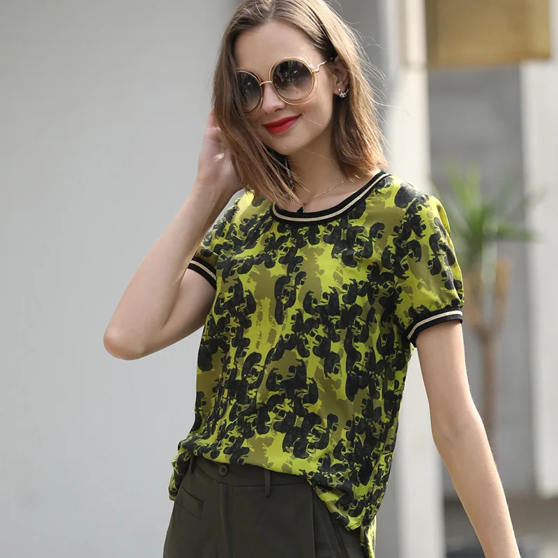 Шелковая футболка Для женщин 2018 Новая Летняя мода круглый вырез горловины