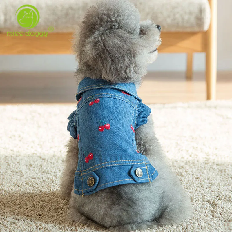 Джинсовая одежда для домашних животных с вышитыми вишнями джинсы собак и щенков - Фото №1