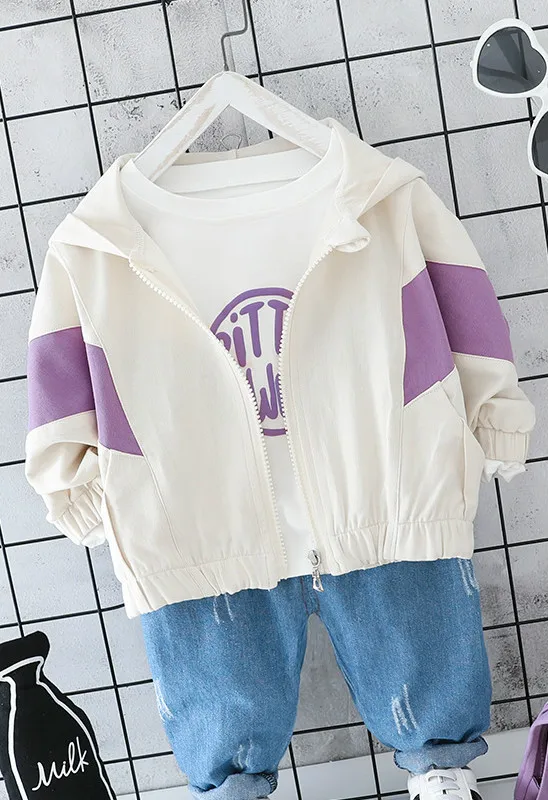 Autumn infant boys girls fashion 3pcs clothes sets cotton letters printed long sleeve T shirt + denim pants hooded jackets |