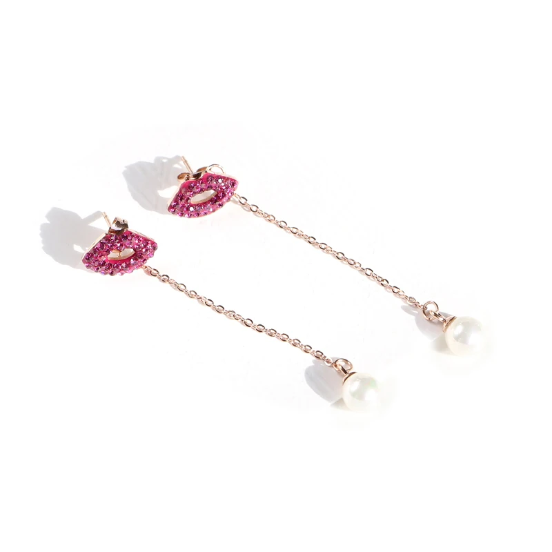 

YUN RUO 2018 Fashion Simple Crystal Lip Stud Earring Woman Rose Gold Color Titanium Steel Jewelry Girl Birthday Gift Not Fade