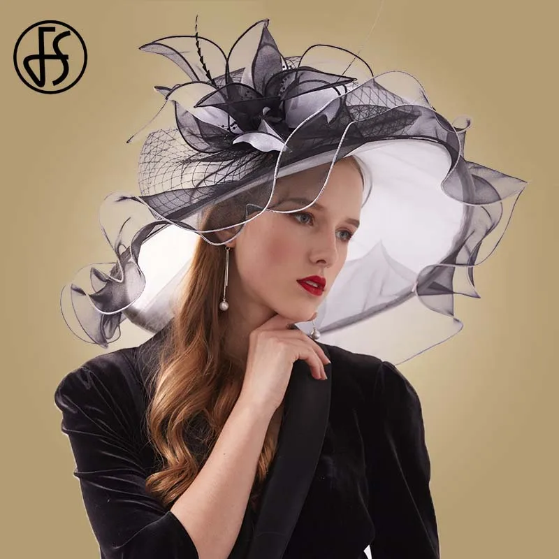 Black Sun Hat FS элегантные шляпы для женщин Свадебная церковная шляпа черные фетровые шляпы дамы с большими полями большой цветок перо розовые вечерние Кентукки шляпа котелок - Цвет: Black Sun Hat