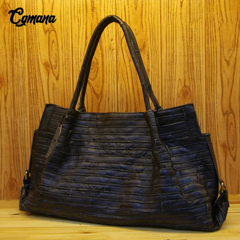 CGmana 100% Genuine Leather Women Handbag First Cowhide Fashion Striped Stitching Shoulder Bags Casual Tote | Багаж и сумки