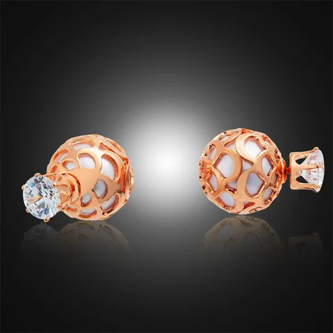 Double Side Ear Jacket Gold Color Pearl in Hollow Ball Six Claw AAA CZ Stud Earrings For Women Girls Front and Back Jewelry Aros
