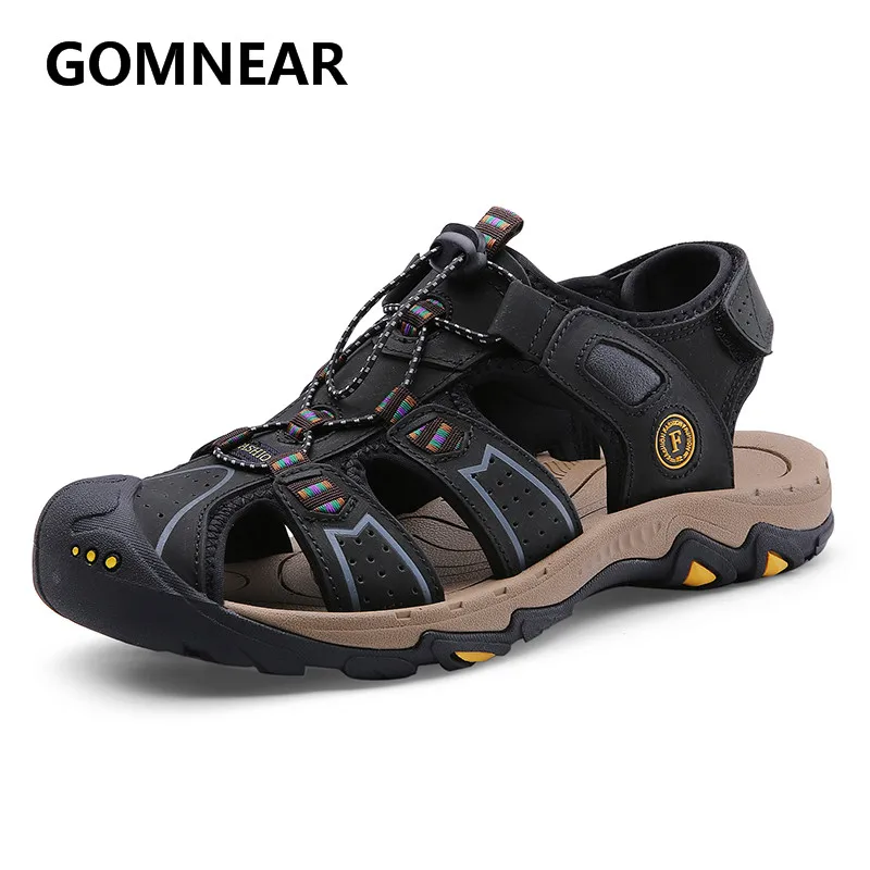 Мужские пляжные сандалии gomвозле натуральная кожа Уличная обувь черные для