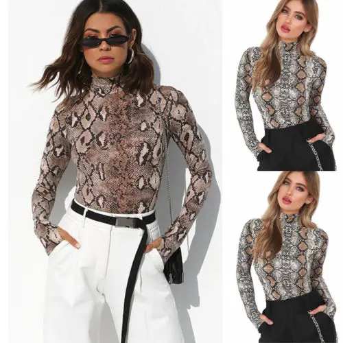 Новые пикантные с длинным рукавом Leopard женский боди-костюм боди змеиной кожи