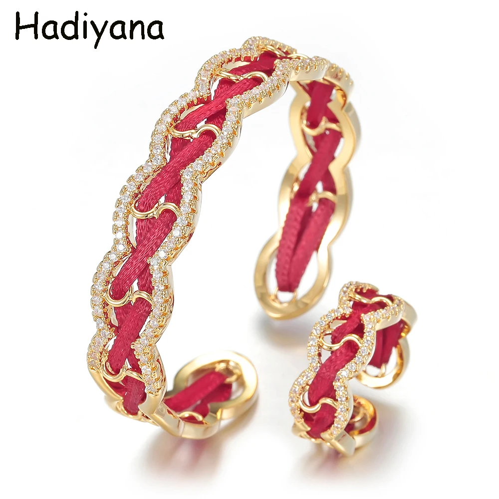 

Hadiyana New Arrival Elegant Shape Red Ribbon Jewelry Set For Women Adjustable Size Bangle Ring Party Jewelry Set BS3028