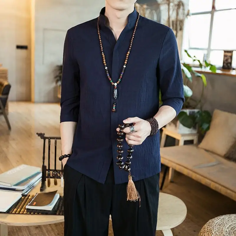 Мужская льняная рубашка со скрытой планкой Летняя Повседневная Блузка с рукавом