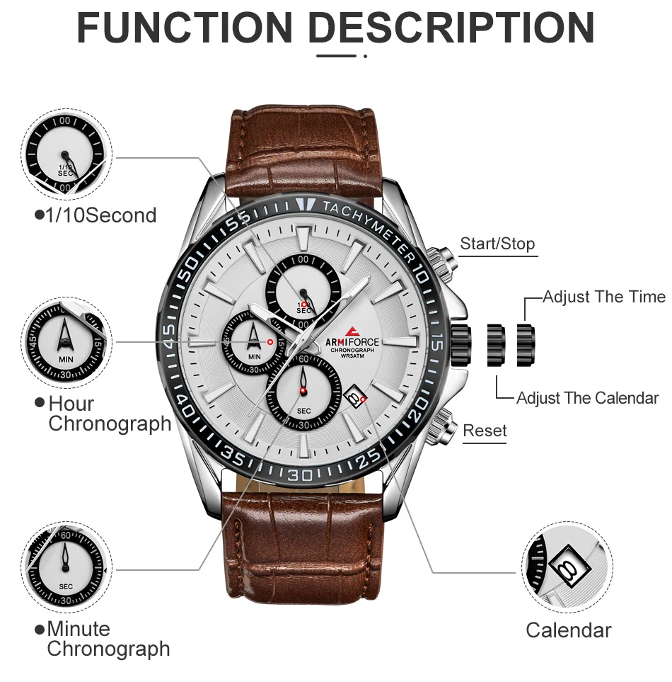 ARMIFORCE мужские часы Топ люксовый бренд Мужские кварцевые часы с хронографом Мужские Водонепроницаемые кожаные спортивные часы Relogio Masculino