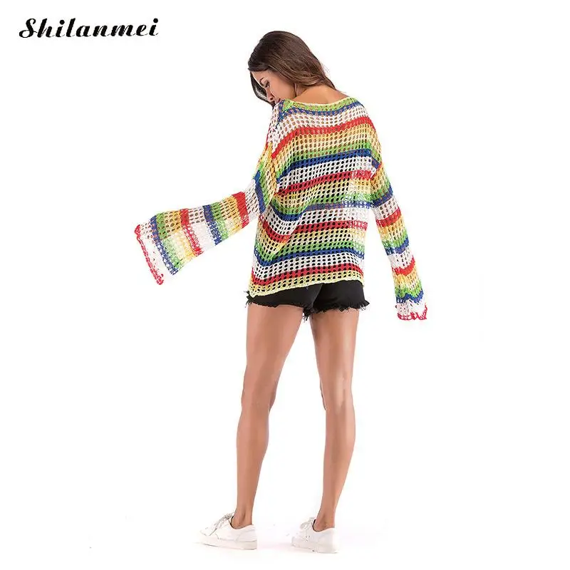 

Rainbow Striped Sweater Pullovers Casual Loose Jumper Sweaters Pull Femme 2019 Autumn Hollow Out Long Sleeve Fashion Knitwear