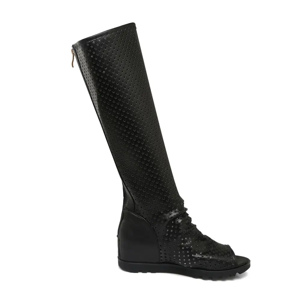 Fashion hollow gladiator Peep toe knee high Boots Woman leisure height increasing summer Boots Woman women shoes