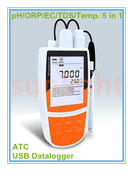 Портативный pH/ORP/Проводимость/TDS/Температура 5 в 1 метр с USB регистратором данных и